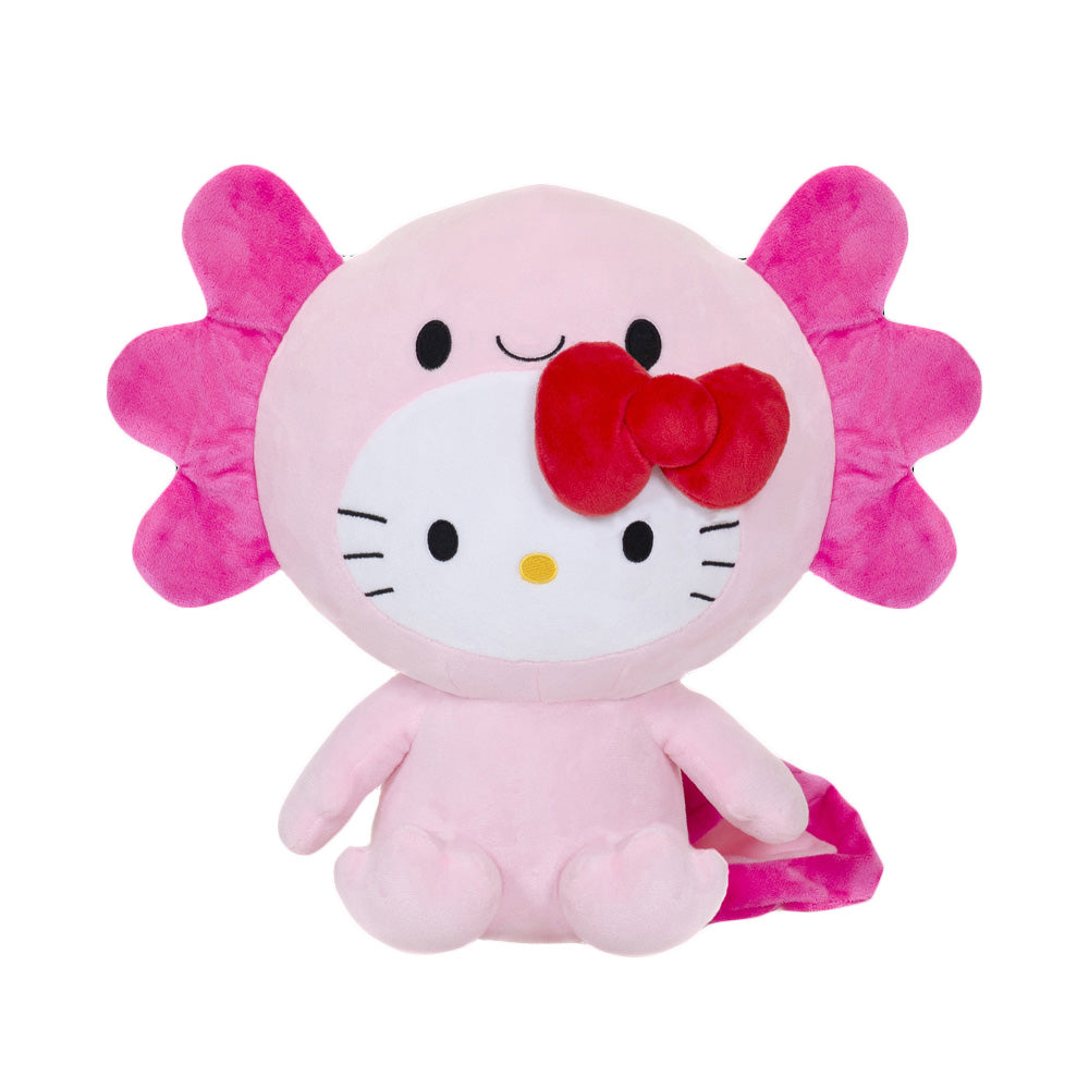 The Hello Kitty Axolotl Plush blends Hello Kitty’s face, red bow, and pink axolotl gills and tail in soft pink shades—a must-have Sanrio plush for fans and collectors!.