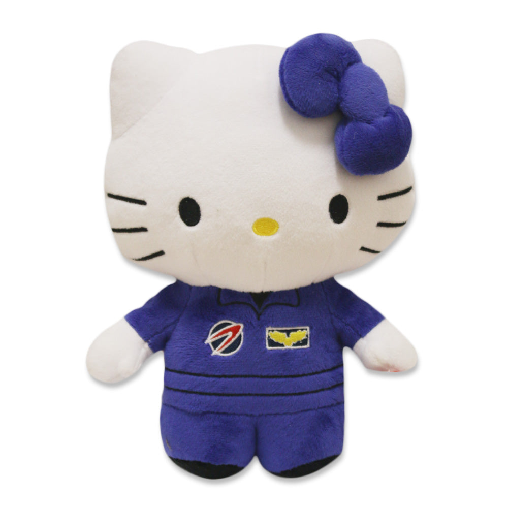 The Hello Kitty Pilot Plush features Hello Kitty in a blue aviator suit with patches and a matching bow—perfect for imaginative play or as a charming gift for aviation fans.