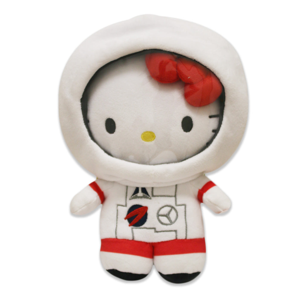 The Hello Kitty Astronaut Plush features a white suit with red details, a red bow, and a large hood—an adorable Sanrio collectible perfect for space fans. Shown on a plain white background.