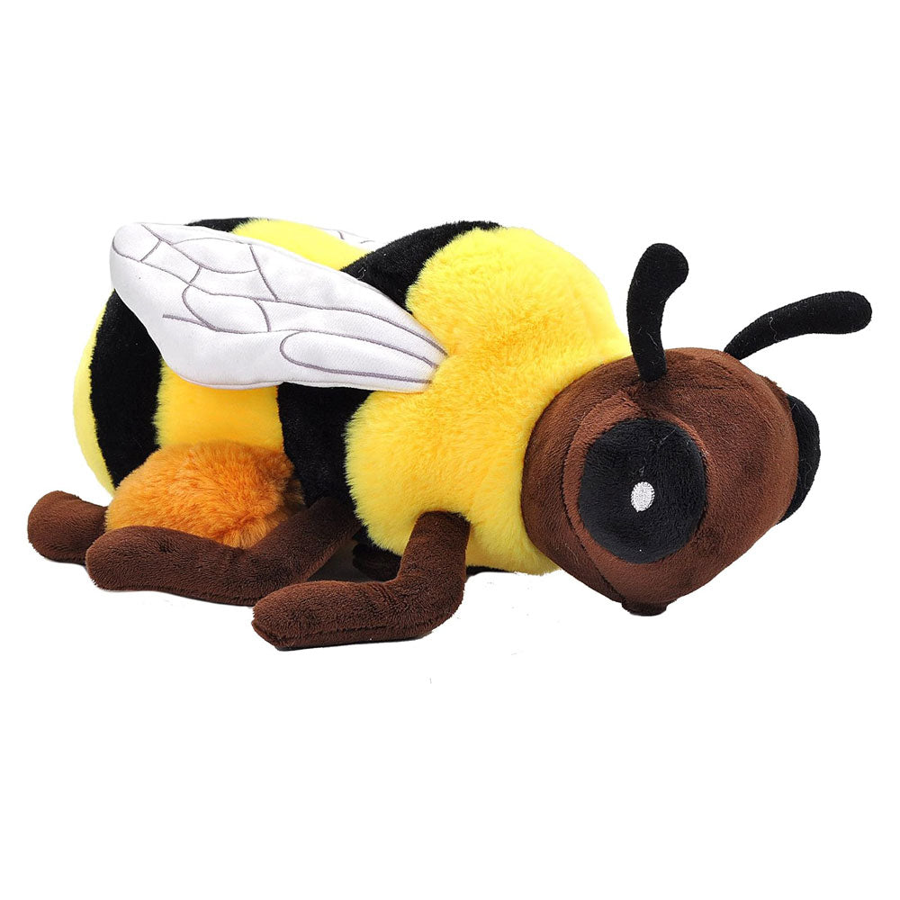 The Bee Eco Plush is an adorable, eco-friendly toy shaped like a bee, featuring yellow and black fuzzy stripes, brown legs, white wings, and large black eyes. Crafted from recycled water bottles for a sustainable touch, this plush lies on its side and is perfect for environmentally conscious cuddles.