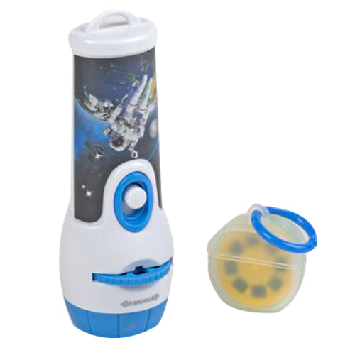 The Projector Space Figurines is a children’s handheld flashlight projector with a space-themed design. It features a spaceship image and comes with a small clear case holding circular image reels that project vivid space scenes.