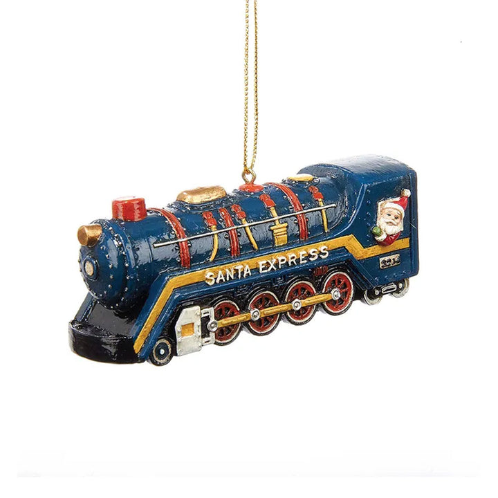 The Santa Express Train Ornament features blue and red colors with gold details and a gold hanging string. Santa Claus peeks out the window—an ideal festive addition to your Christmas tree ornament collection.