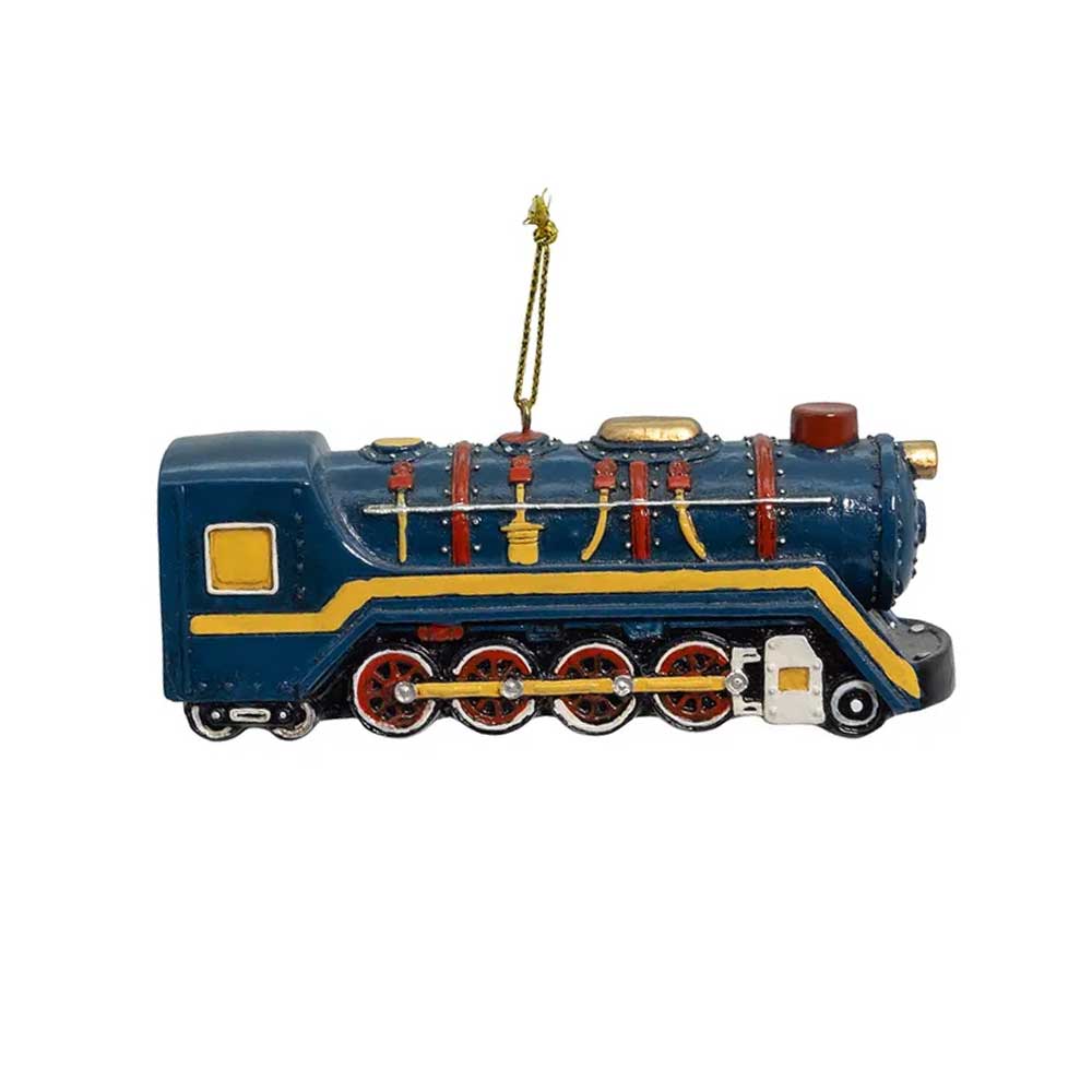 The Santa Express Train Ornament features a blue design with red and yellow details, visible wheels, and a gold hanging string—a charming addition to your holiday decor and perfect for the Christmas tree.