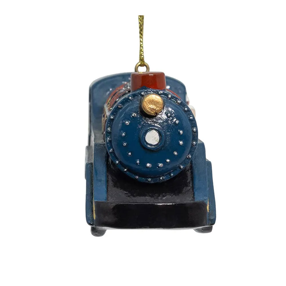 The Santa Express Train Ornament features a blue and black design with a red chimney, hanging by a gold string—ideal holiday decor to add festive charm to your Christmas tree.