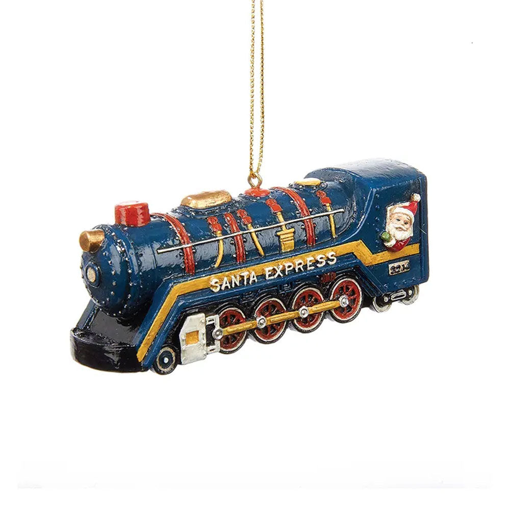 The Santa Express Train Ornament features blue and red colors, a gold hanging string, and a small Santa in the window—ideal holiday decor for your Christmas tree collection.