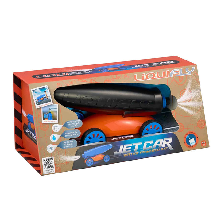 Liquifly Water Car packaged in red and black, featuring a black and blue water-powered car with blue wheels. The box showcases product information and images, emphasizing this innovative STEM toy and science experiment, with the Liquifly brand name prominently displayed at the top.