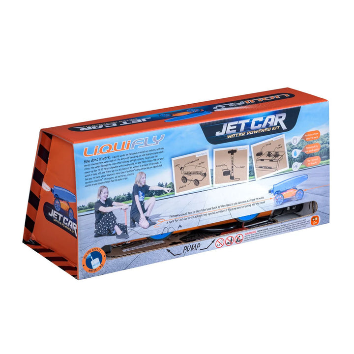 Rectangular orange box for the Liquifly Water Car, featuring images of two kids playing with the water-powered car outdoors, diagrams, product details, and safety icons on the packaging. This exciting STEM toy encourages science experiment fun for young explorers.