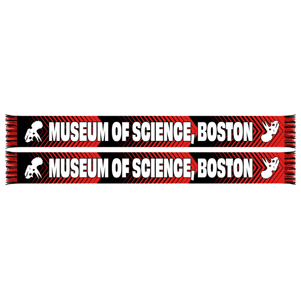 The Museum of Science Boston World Cup Scarf features black, red, and white colors, includes “Museum of Science, Boston,” plus bicycle and astronaut helmet icons—perfect for Boston sports fans.