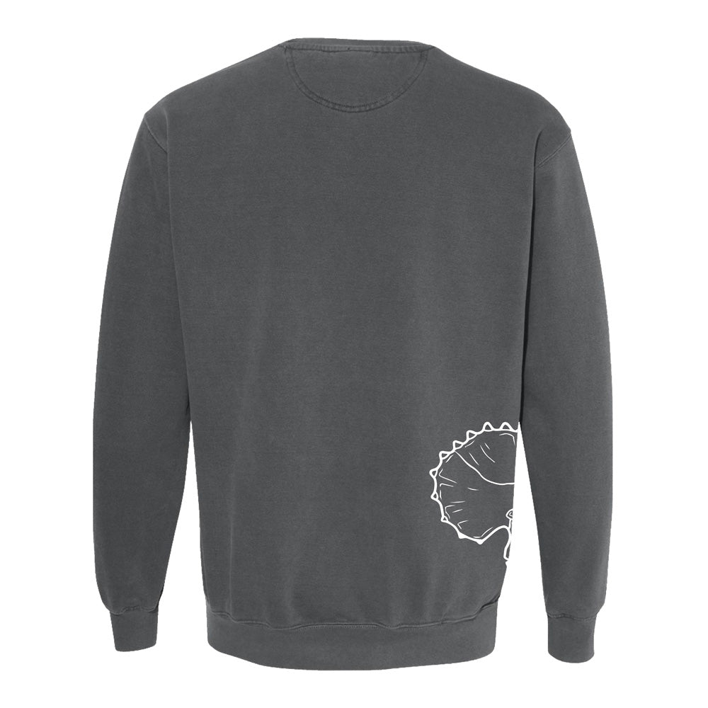 The Museum of Science Boston Collosil Fossil Crew Sweatshirt features a dark gray design with a minimalist white outline of a face and spiked hair near the lower right back corner. Inspired by exhibits at the Museum of Science Boston, this sweatshirt offers long sleeves and a classic crew neckline.