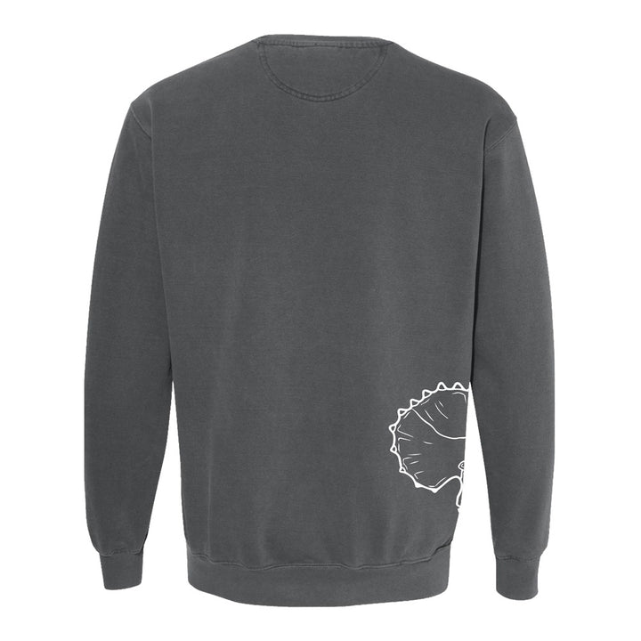 The Museum of Science Boston Collosil Fossil Crew Sweatshirt features a dark gray design with a minimalist white outline of a face and spiked hair near the lower right back corner. Inspired by exhibits at the Museum of Science Boston, this sweatshirt offers long sleeves and a classic crew neckline.