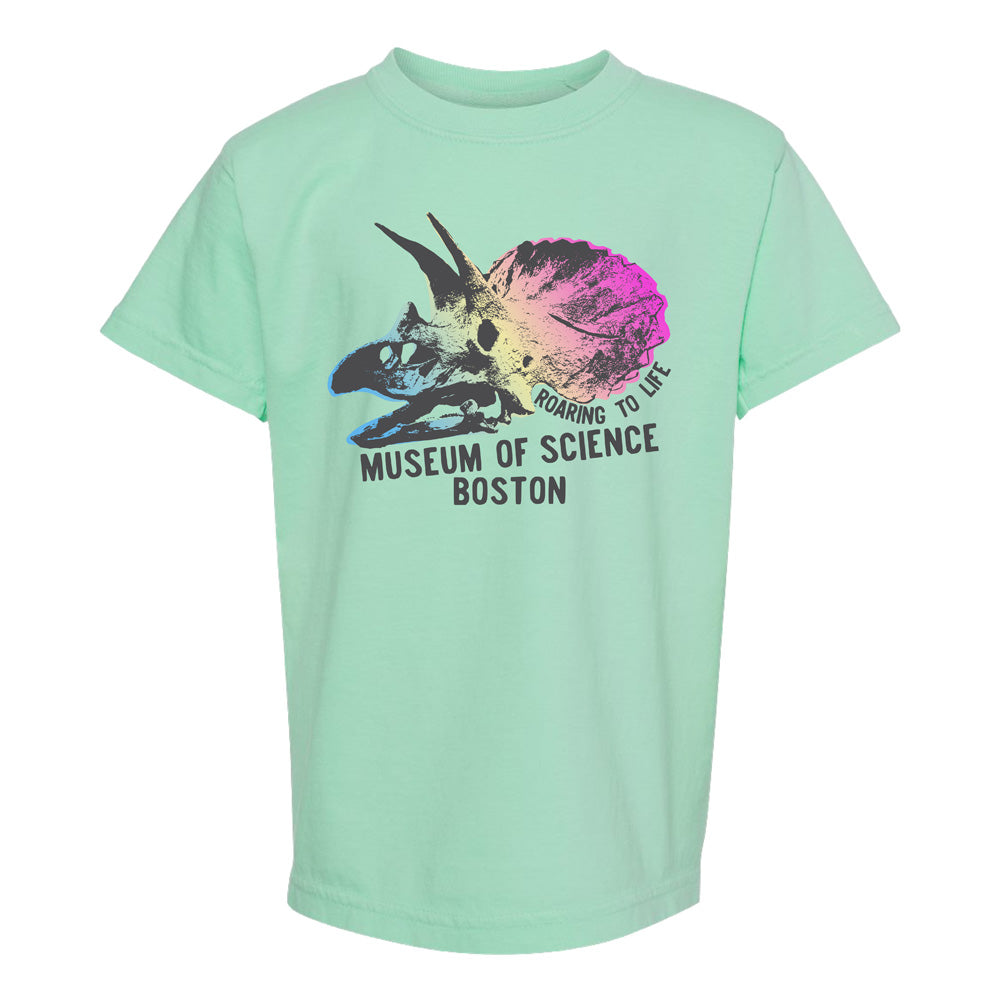Museum of Science Boston Ombre Cliff the Dino Youth T-Shirt—a mint green tee featuring a vibrant triceratops skull and “Roaring to Life Museum of Science Boston” on the front, perfect for young dinosaur enthusiasts.