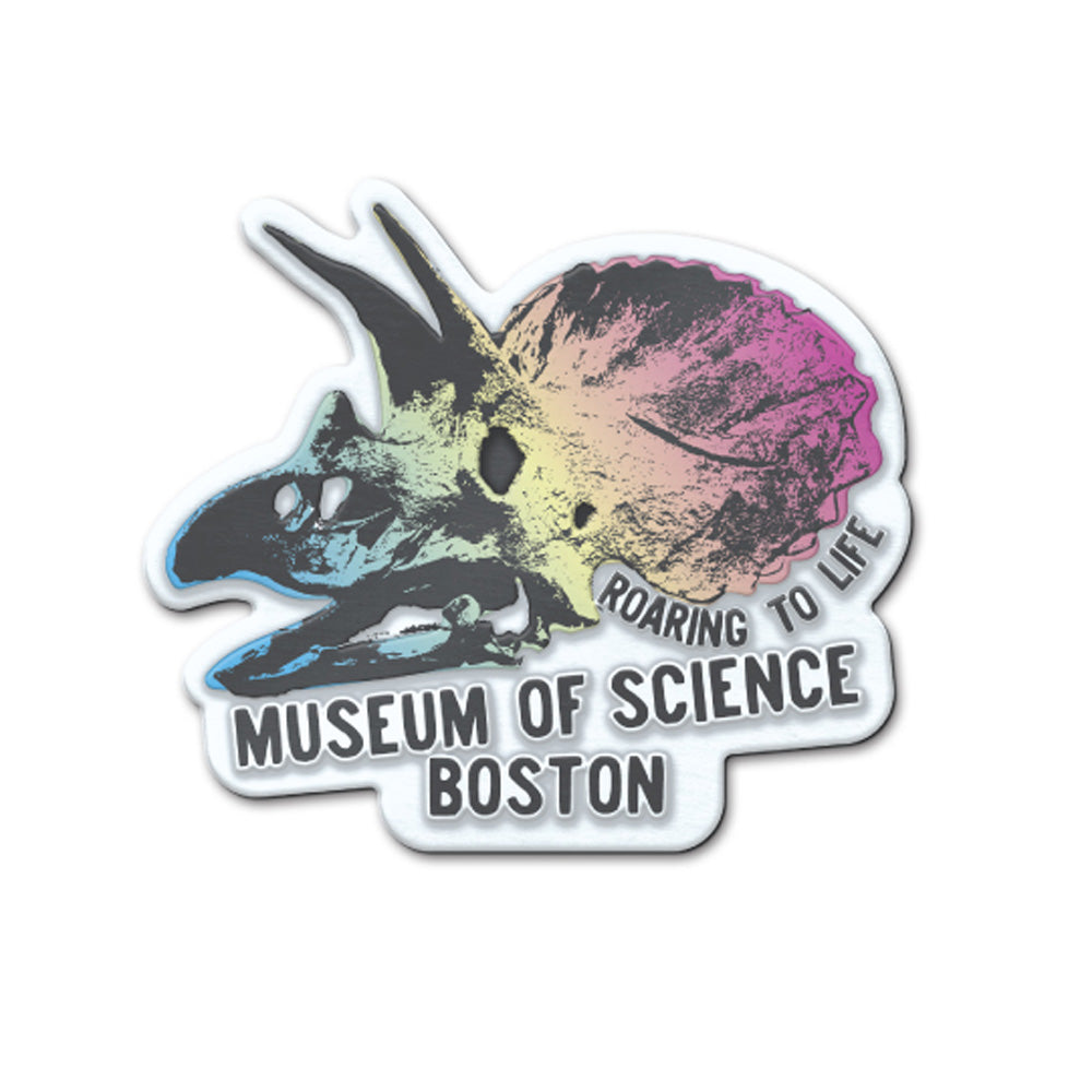 Sticker featuring a vibrant triceratops skull above the phrase “Roaring to Life Museum of Science Boston” on a white background—an ideal match for fans of the Museum of Science Boston Cliff the Dino Magnet and anyone who enjoys collecting distinctive dinosaur magnets from the Museum of Science Boston.