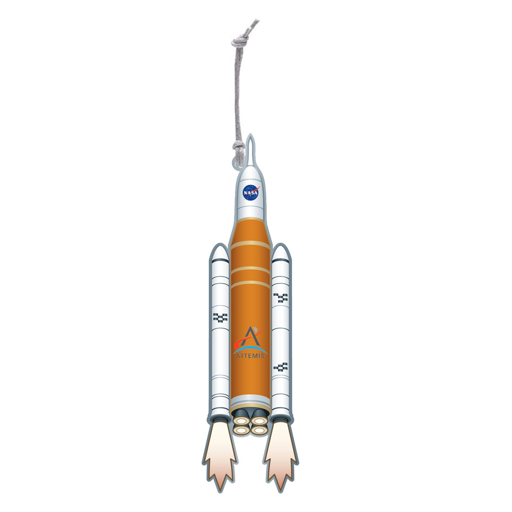 Artemis Ornament: Features a detailed illustration of NASA’s Artemis Space Launch System rocket with an orange core, white boosters, Artemis text, and fiery engine thrust—all suspended by a string and perfect for space exploration enthusiasts to add to their collection.