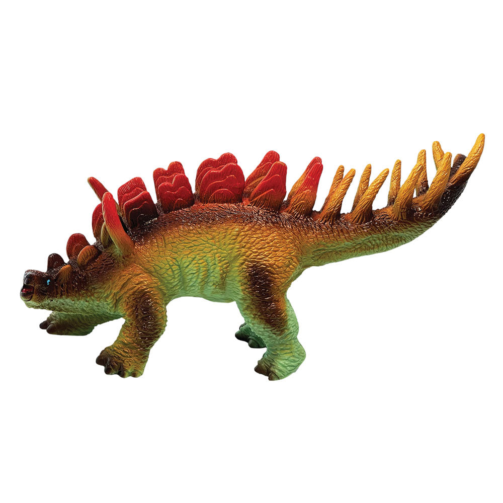 The Stegosaurus Toy features green and brown skin, red back plates, and a spiked tail. Standing on all fours, it brings prehistoric fun to life against a white background.