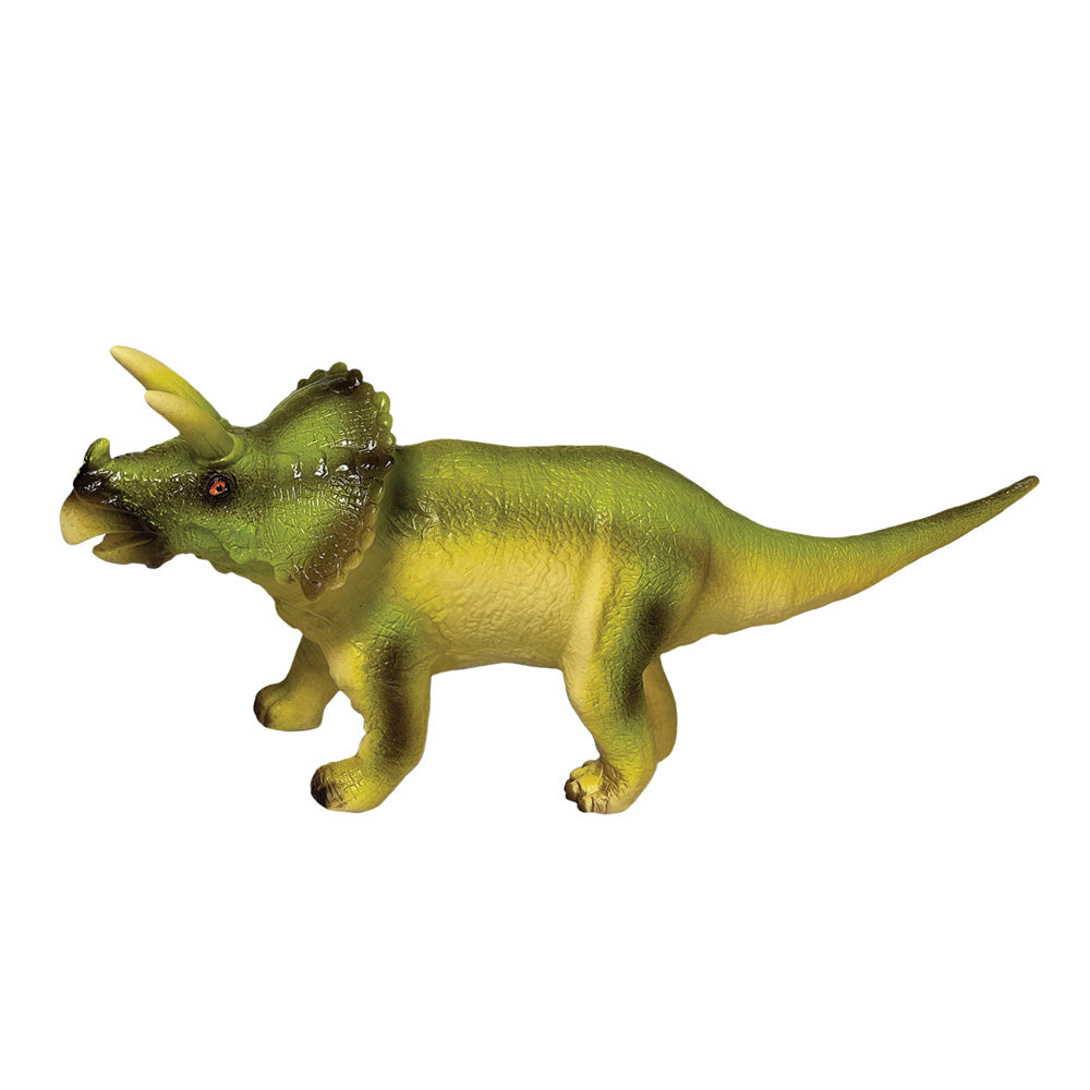 The Triceratops Toy features green and yellow colors, three facial horns, a frilled neck, and stands on four legs—an educational dinosaur toy ideal for young explorers, pictured against a white background.