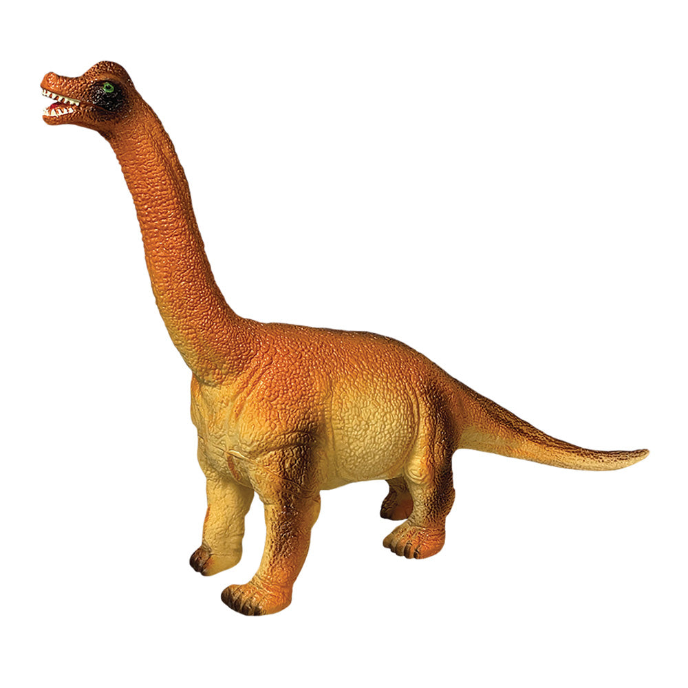 The Brontosaurus Toy stands on all four legs with an orange and yellow body, displayed against a white background—a great gift for any young paleontologist.