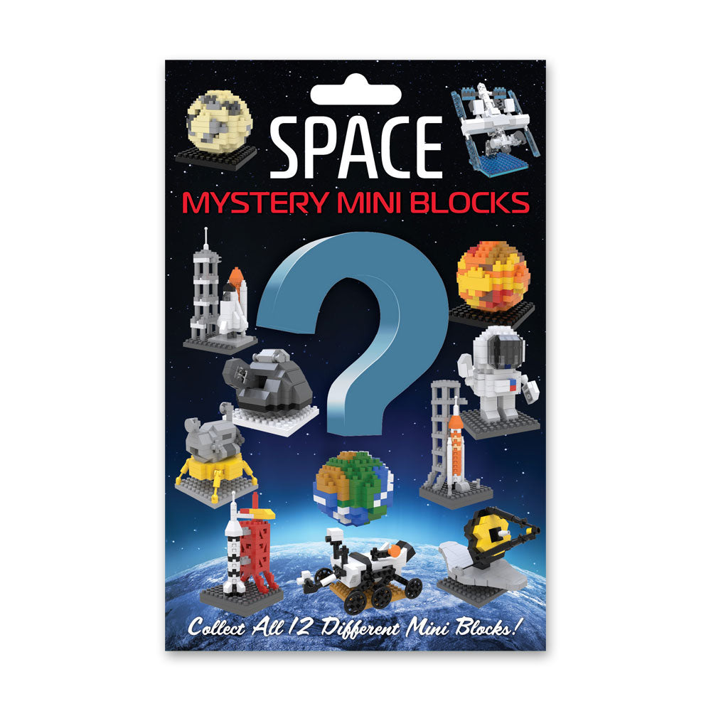 Space Mystery Mini Blocks packaging features collectible, LEGO-like building sets centered on space themes such as planets, rockets, rovers, and stations. The box displays these surprises against a starry backdrop highlighted by a large question mark at the center. With each Space Mystery Mini Blocks set, builders can fuel their curiosity and enhance problem-solving skills as they assemble their unique mystery creations.