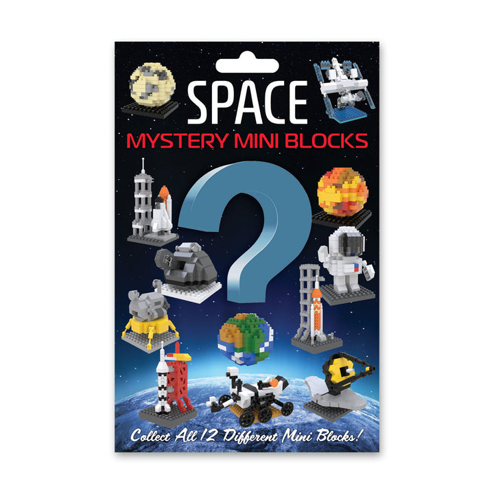 Space Mystery Mini Blocks packaging features collectible, LEGO-like building sets centered on space themes such as planets, rockets, rovers, and stations. The box displays these surprises against a starry backdrop highlighted by a large question mark at the center. With each Space Mystery Mini Blocks set, builders can fuel their curiosity and enhance problem-solving skills as they assemble their unique mystery creations.