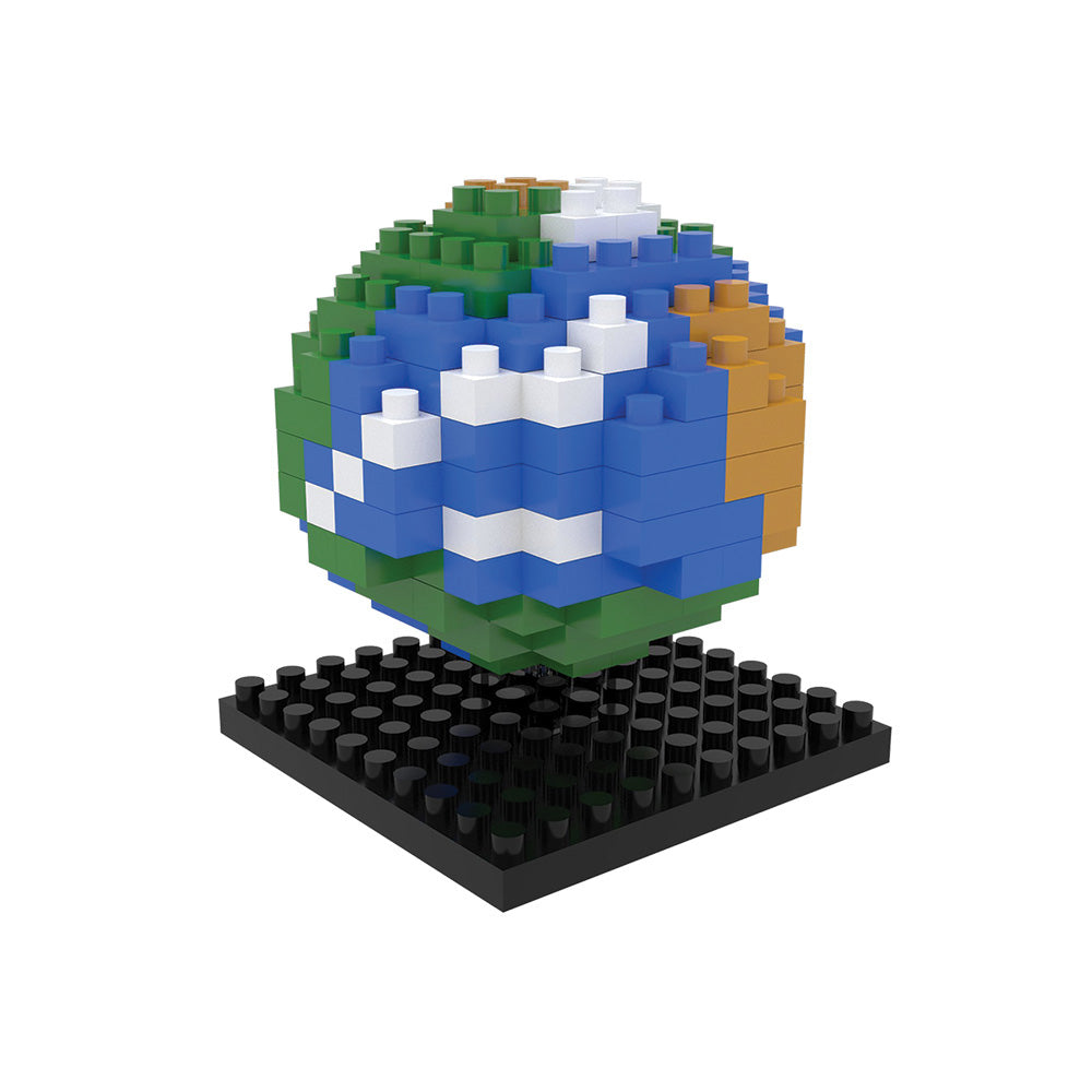 The Space Mystery Mini Blocks set features a small Earth model crafted from vibrant, interlocking plastic bricks and positioned on a sleek black baseplate. Showcasing blue oceans, green and brown landmasses, and accents of white clouds or ice, this collectible display piece is perfect for fans and promotes problem-solving skills as you assemble each intricate detail.