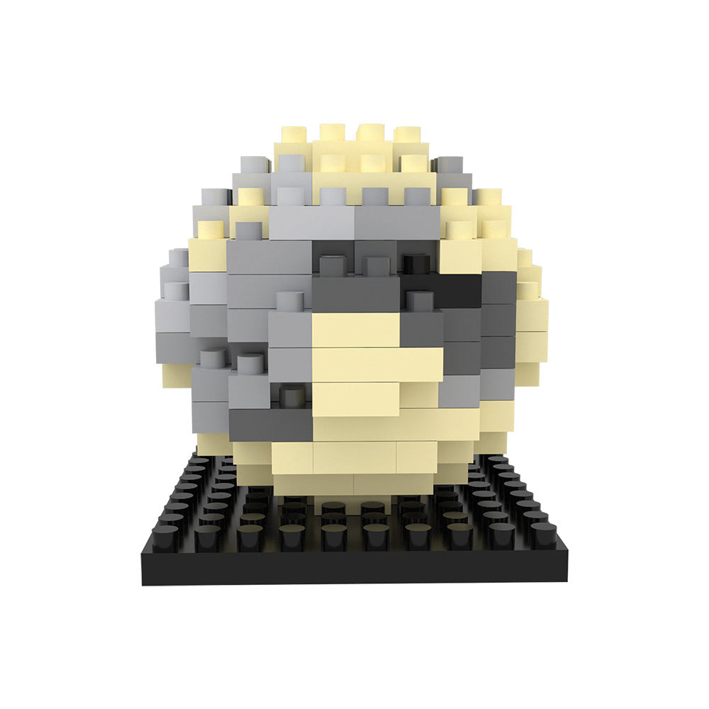 A small pixelated sphere crafted from yellow and gray interlocking blocks rests on a black base against a white background, making it a standout addition to any Space Mystery Mini Blocks collection.