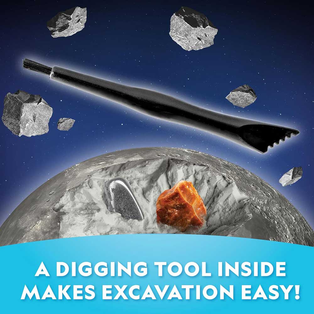A black digging tool floats in space above a rocky surface with gems. Text reads: The Outer Space Dig Kit includes a digging tool that makes gemstone excavation easy!.