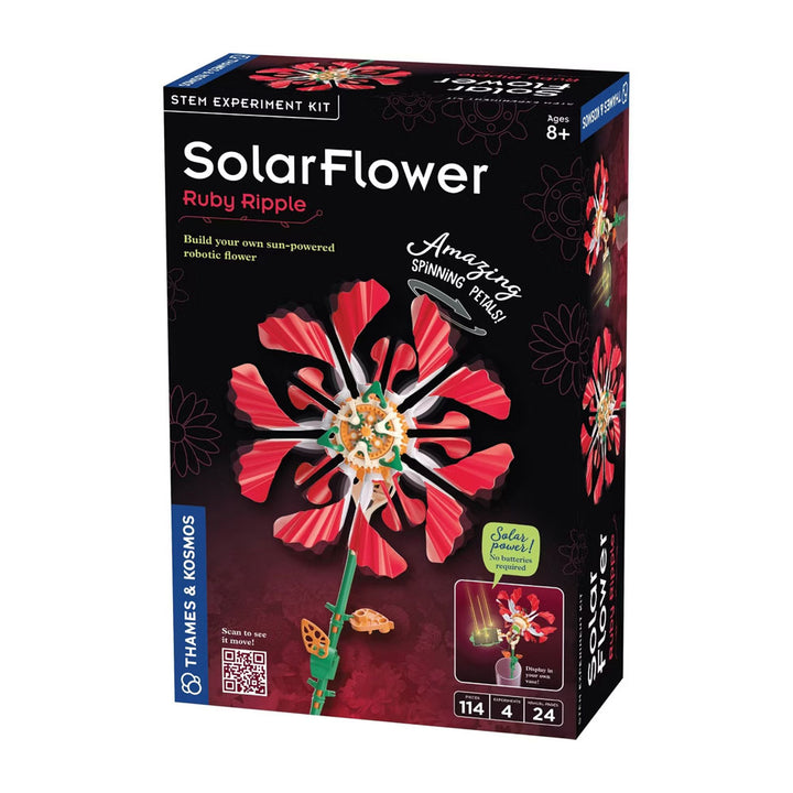 Solar Flower Kit Ruby Ripple STEM set by Thames & Kosmos. The box displays a red, solar-powered flower with amazing spinning petals that create a mesmerizing kinetic sculpture. Includes motorized flower model and solar-powered components. Suitable for ages 8+, with contents information shown at the bottom.