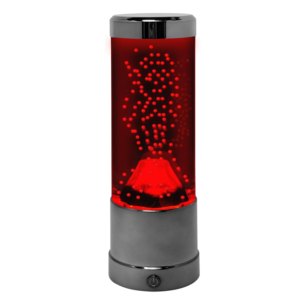 The Genius at Play Volcano Mood Lamp features a silver base and top, red light, and bubbles rising from an inner volcano to create a striking eruption effect—ideal mood lighting for any room.