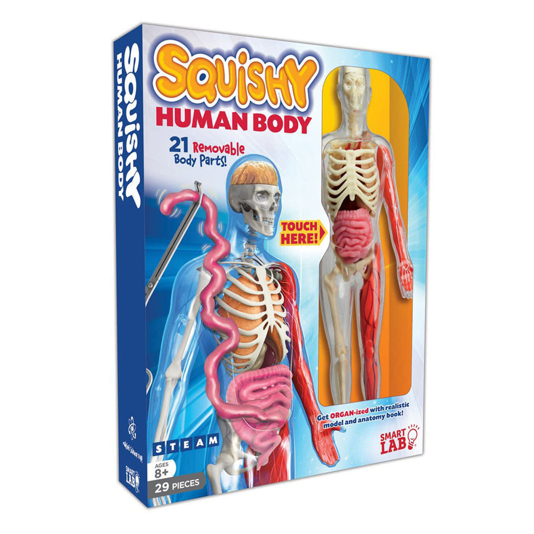 The Squishy Human Body Kit features a human body model with visible organs and skeleton, 21 removable body parts, and a “Touch here!” prompt on the front. Includes a fun anatomy book and is recommended for ages 8 and up.
