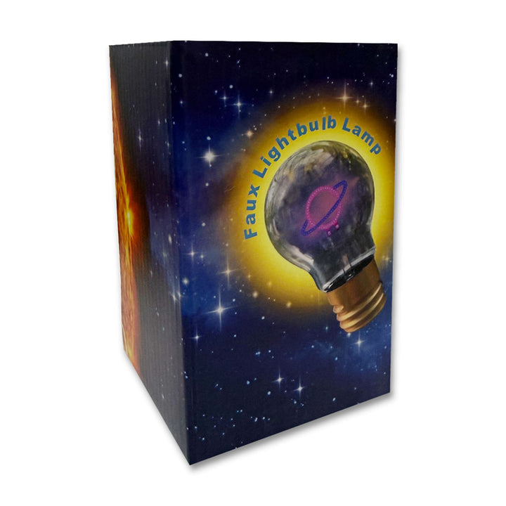 A rectangular box for the Saturn LED Lightbulb features a space-themed design with stars, a sun, a lightbulb illustration containing a purple ringed planet, and the words "Faux Lightbulb Lamp" in yellow curved text.