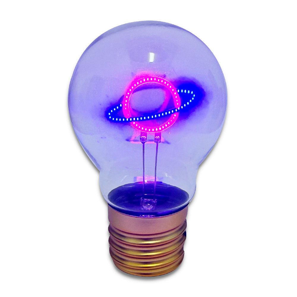 The Saturn LED Lightbulb features a glowing planet-shaped filament with pink and blue rings inside the glass, adding a unique and sustainable lighting accent against a white background.
