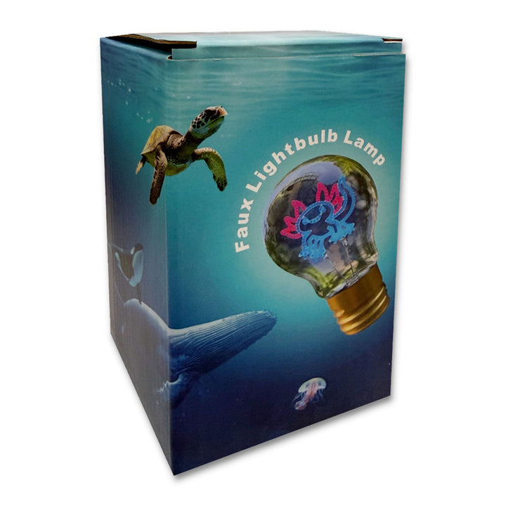 A product box features underwater imagery with a sea turtle, whale, and jellyfish. Showcased is the Axolotl LED Lightbulb—a kids' bedroom lamp with a blue and pink flower design—highlighting its energy-efficient LED bulb.
