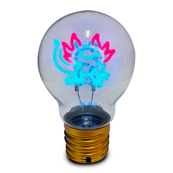 The Axolotl LED Lightbulb features a glowing neon blue and pink axolotl and a gold base, making it an energy-efficient, decorative choice for children's bedrooms.