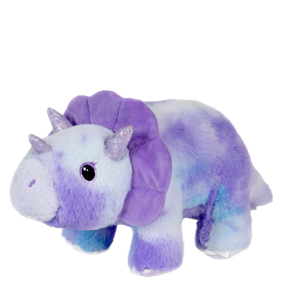 The Dreamscape Triceratops Plush features purple, blue, and white fur, shimmering silver horns, black eyes, and a soft frill around its head—making this adorable dinosaur stuffed animal perfect for cuddling or as an educational toy for young dinosaur enthusiasts.