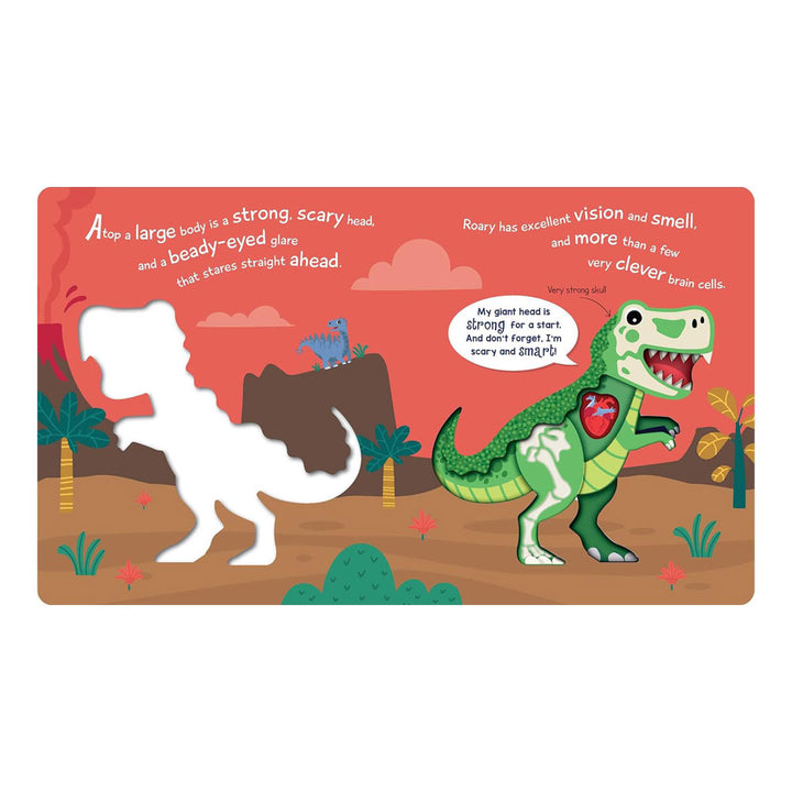 In *Look Inside: Roary the Dinosaur: Board Book with Cut-Outs and Glow in the Dark!*, an interactive page features a T. rex with visible bones, brain, and heart, plus a white dino cutout, volcanoes, plants, and a blue dinosaur in the background.