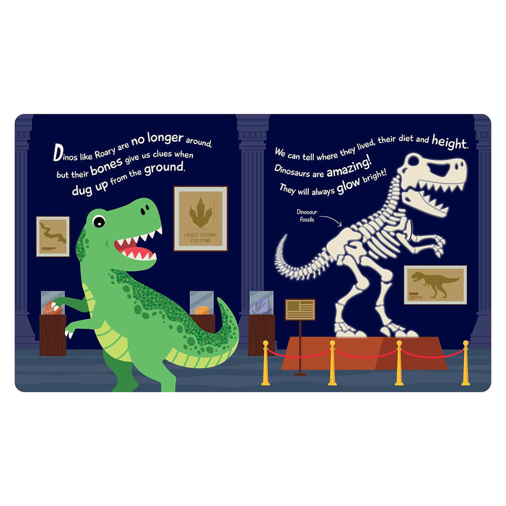 The board book "Look Inside: Roary the Dinosaur" features cut-outs, a green cartoon dinosaur, a glow-in-the-dark T. rex skeleton, fun facts, and fossil images on dark blue pages.