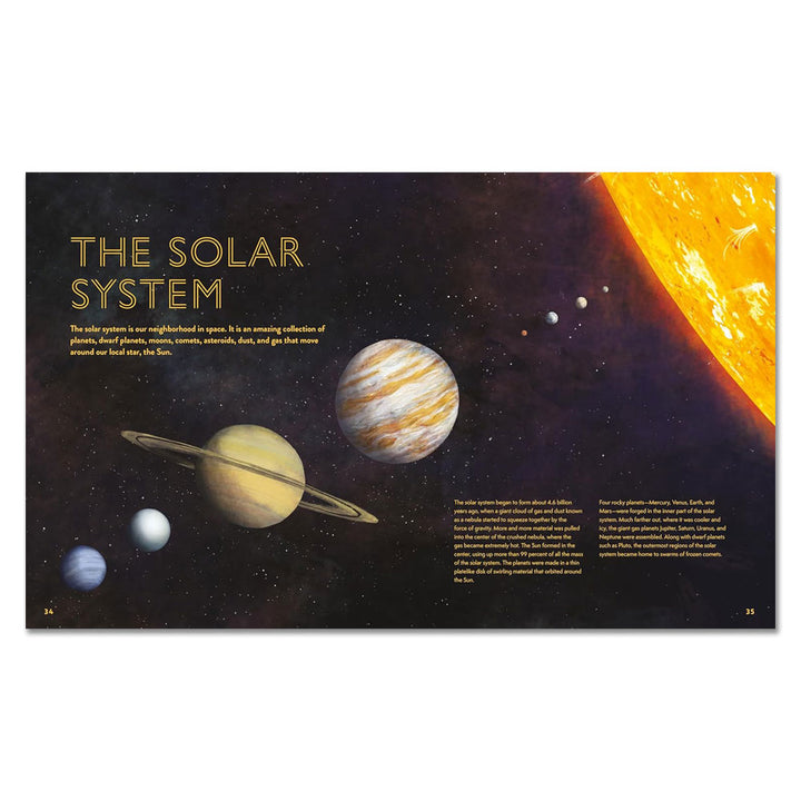 Our Cosmos: The Complete Guide to Space for Kids features an illustrated spread showing the Sun, planets, and stars on a dark space-themed background with informative text—perfect for budding astronomers exploring our solar system.