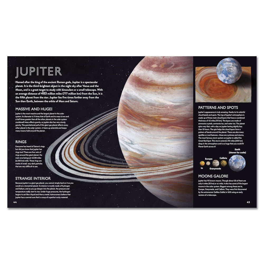 A spread from "Our Cosmos: The Complete Guide to Space for Kids" spotlights Jupiter with a vivid planet image, ring details, fascinating moon facts, weather insights, and kid-friendly text—your universe guide for aspiring young astronomers.