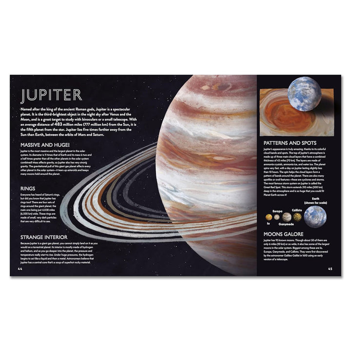 A spread from "Our Cosmos: The Complete Guide to Space for Kids" spotlights Jupiter with a vivid planet image, ring details, fascinating moon facts, weather insights, and kid-friendly text—your universe guide for aspiring young astronomers.