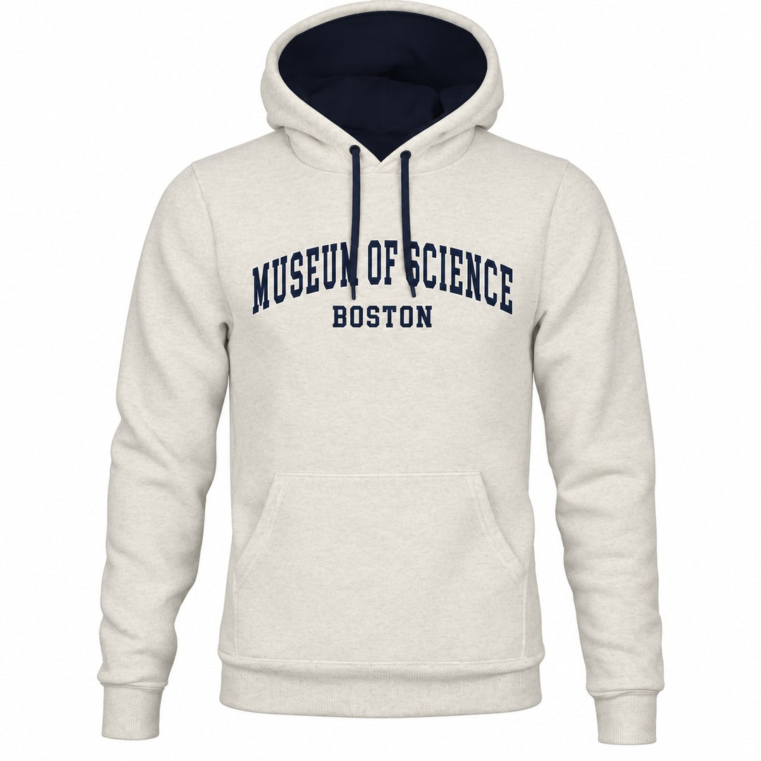 The Museum of Science Boston Applique Hooded Sweatshirt features a light gray design with a front pocket, black drawstrings, and large navy-blue “Museum of Science Boston” lettering across the chest. This cozy hoodie is perfect for showcasing your love of discovery and innovation.