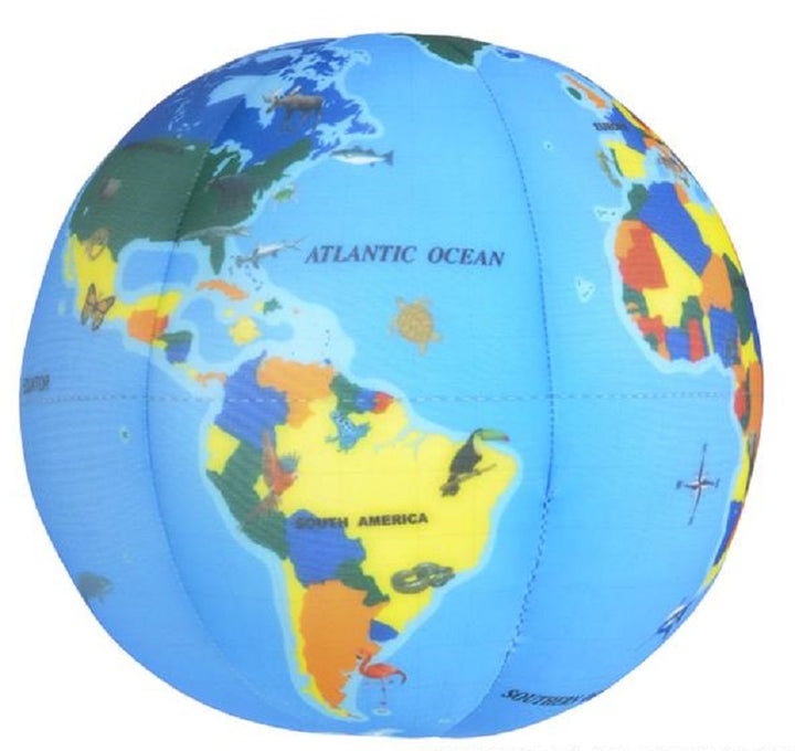 The Printed Plush Planet Earth Ball features colorful countries, continents, and oceans with labels like South America and the Atlantic Ocean, plus fun illustrations of airplanes and ships—a playful way to explore our Goldilocks planet!.
