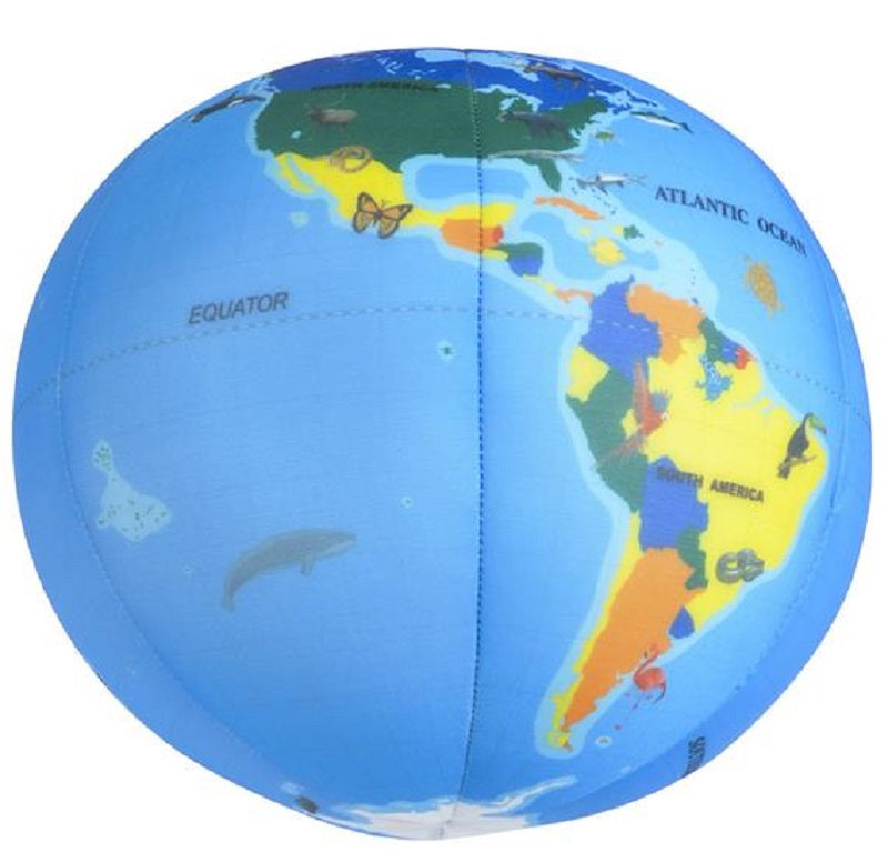 The Printed Plush Planet Earth Ball is a colorful, educational toy featuring North and South America, the Atlantic Ocean, animal illustrations, and clear labels like "Atlantic Ocean," "Equator," and "Goldilocks planet" for easy learning.